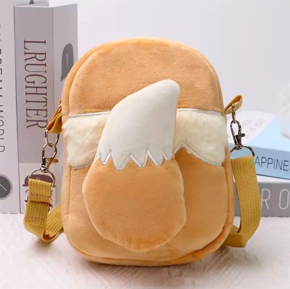 Pokémon Plush Eevee Tail Crossbody Bag Small Tan/White Zip w/ Adjustable Strap